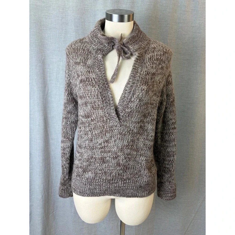 Vintage Florentine Flowers Brown Marled Knit‎ Tie Neck Sweater Wool Blend 44